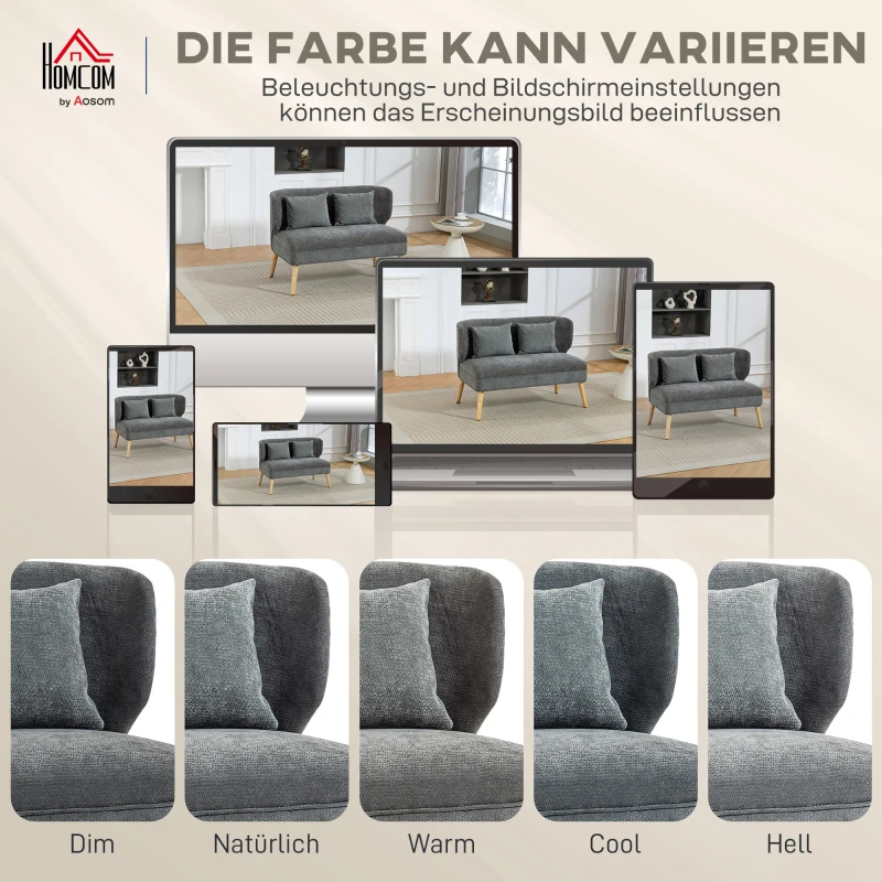 HOMCOM 2-Sitzer-Sofa, kleines Chenille-Sofa mit Flügelrücken, dickem Sitz, Gummibaumholzfüßen, Grau