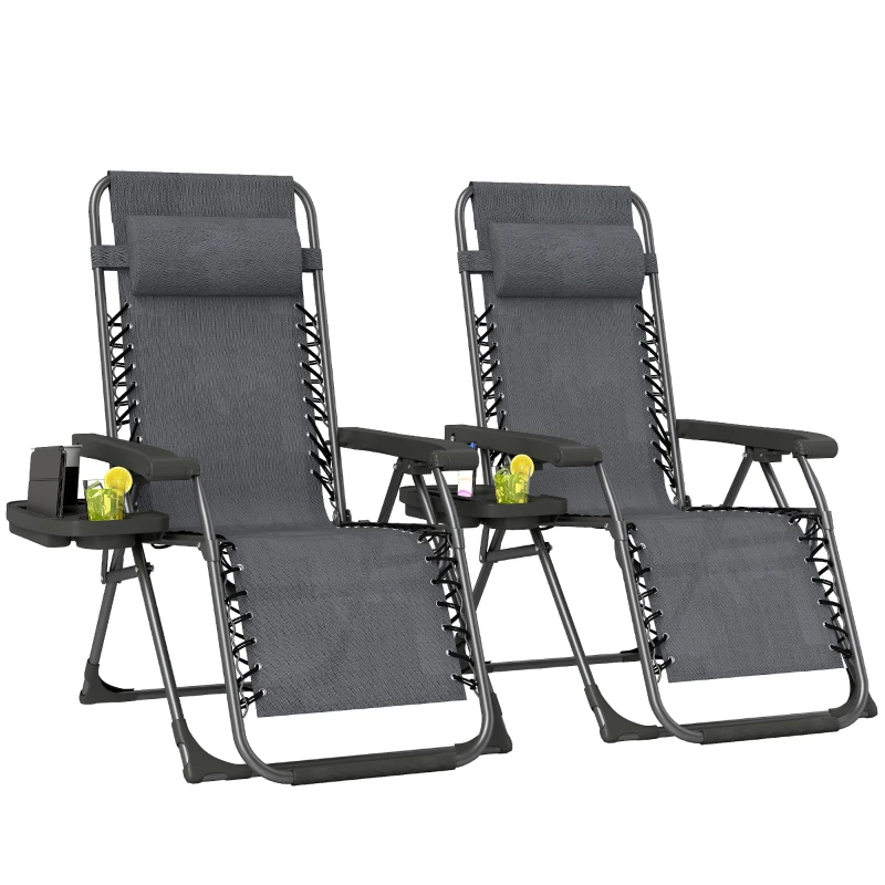Outsunny Zero Gravity Chairs Set of 2, Folding Sunloungers Reclining Garden Chairs with Cup Holder, Headrest, Dark Grey