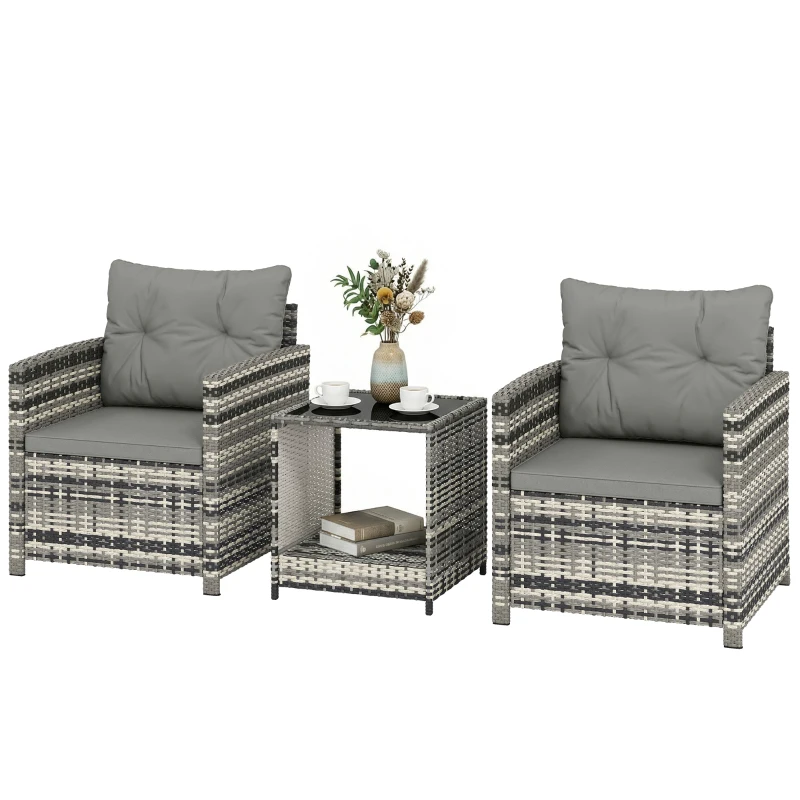 Outsunny Rattan Bistro Set, 3 Piece Garden Furniture Set with 2 Tier Glass Top Table and Cushions, Mixed Grey