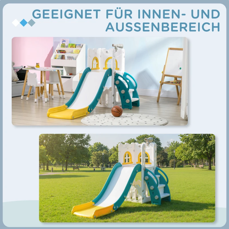 AIYAPLAY Kinderrutsche, 5 in 1, Kleinkinderrutsche mit Basketballkorb, Teleskop Klettergerüst Gelb 70 x 177 x 92 cm(m-8)