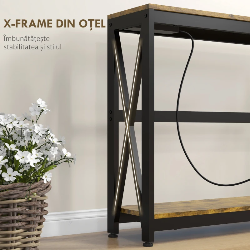 HOMCOM Consolă de Intrare Stil Industrial cu Prize Electrice și USB, Lemn și Oțel, 100x24x75cm, Maro