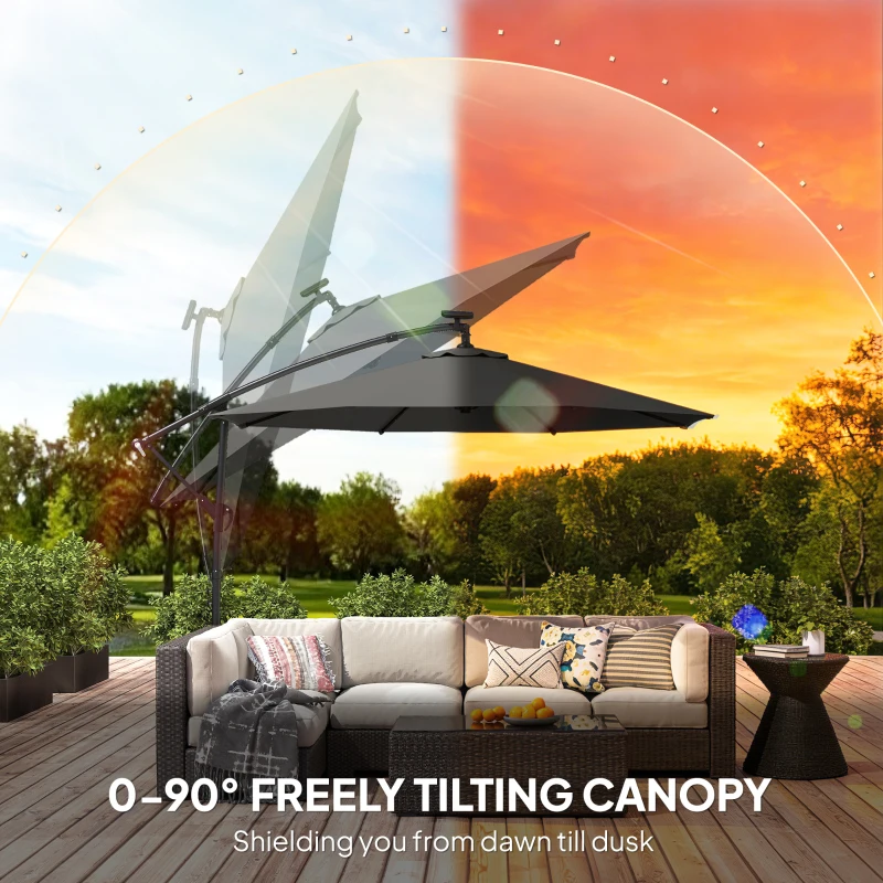 Outsunny Parasol ogrodowy LED Solar Ø300 cm, obrotowy z korbą, stojakiem i pokrowcem, ciemnoszary