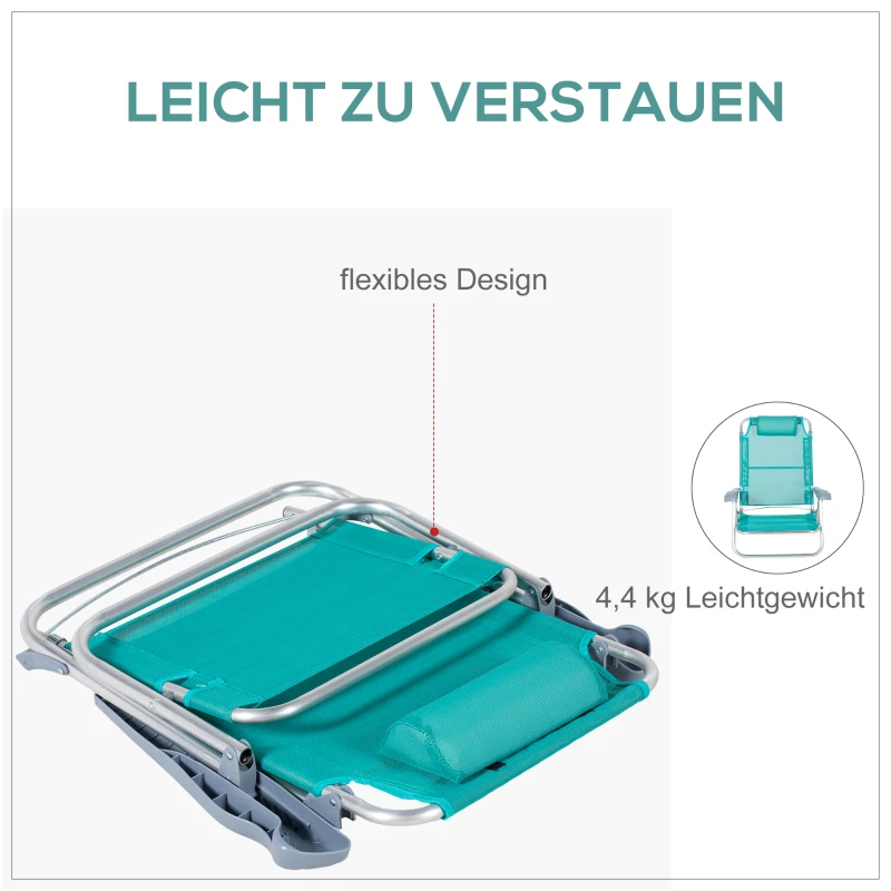 Outsunny 2-delige set inklapbare campingstoelen met 6-voudig verstelbare rugleuning en hoofdsteun, 62 x 65 x 80 cm, turquoise
