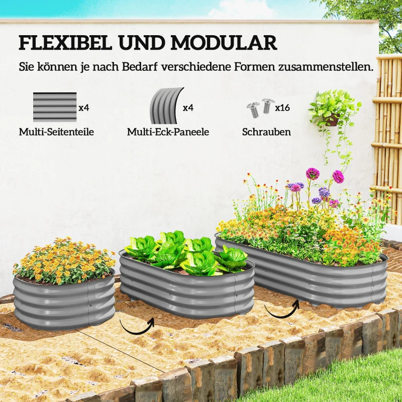 Outsunny Hochbeet Pflanzenbeet, modulares Hochbett, geschützte Kanten, Design ohne Boden,  150 x 62 x 30 cm, Silber