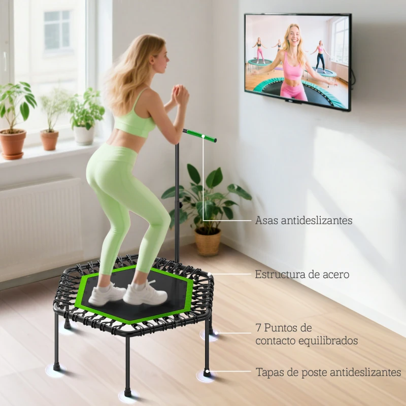 SPORTNOW Trampolín de Fitness 114x114x132 cm con Mango Ajustable de 3 Niveles y Marco de Acero Verde y Negro