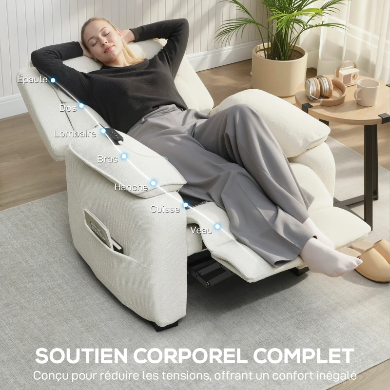 HOMCOM Fauteuil relax électrique fauteuil inclinable port USB repose-pieds poches latérales télécommande 86x90x103cm crème(m-6)
