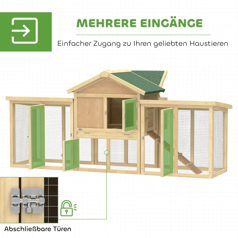 PawHut Hühnerstall Hühnerhaus aus Holz mit Nistkasten, wasserdichtem Dach, Sitzstange, Auslauf, Rampe, 204x85x93 cm Naturholz