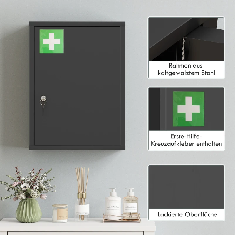 kleankin Medizinschrank zur Wandmontage mit Schloss, 3-stufiger Stahl-Wandschrank, 40 x 15 x 53,5 cm, Schwarz