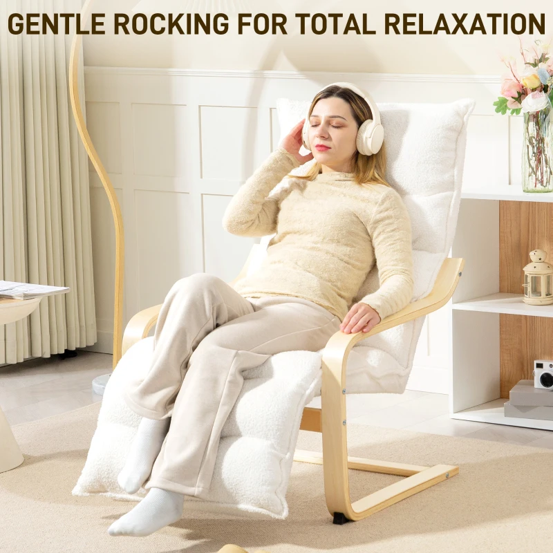 HOMCOM Birch Wood Lounge Chair, Upholstered Recliner Lounge Seat with Adjustable Footrest, Modern Armchair for Living Room, Bedroom, Balcony, Office, White