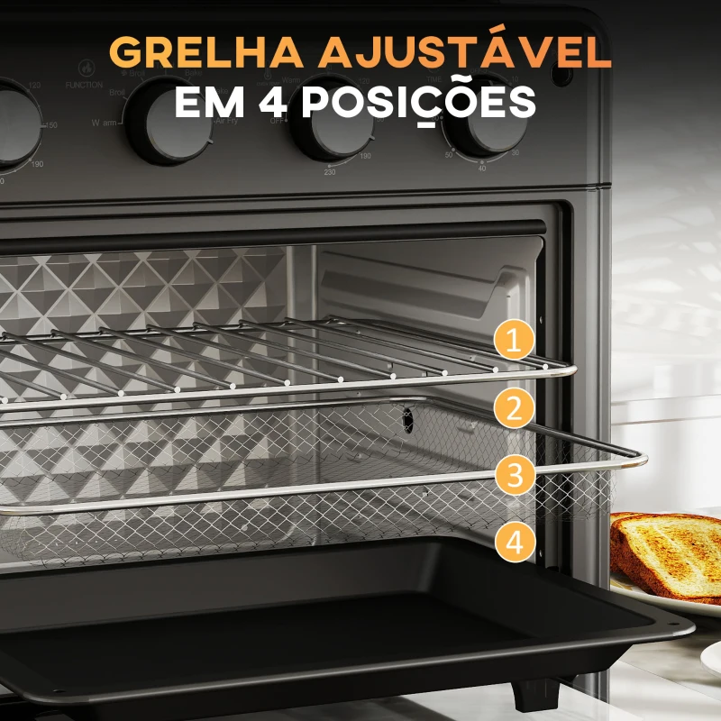 HOMCOM Mini Forno Elétrico 30L 1600W Mini Forno de Convecção com 7 Modos Temporizador e Temperatura Ajustável 43x39x39 cm Preto