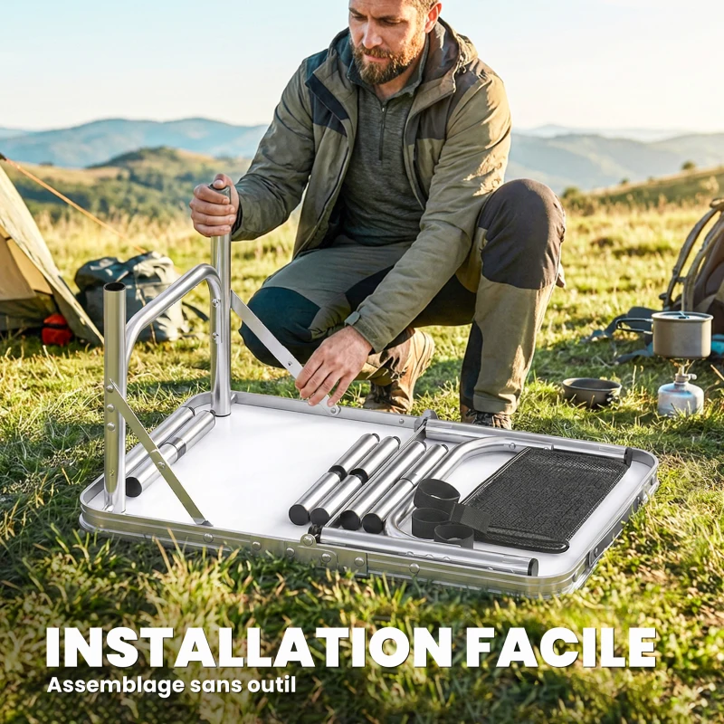 Outsunny Table pliante aluminium, table de camping pliante, poignée 4 hauteurs réglables avec Rangement 60x40x60cm, blanc