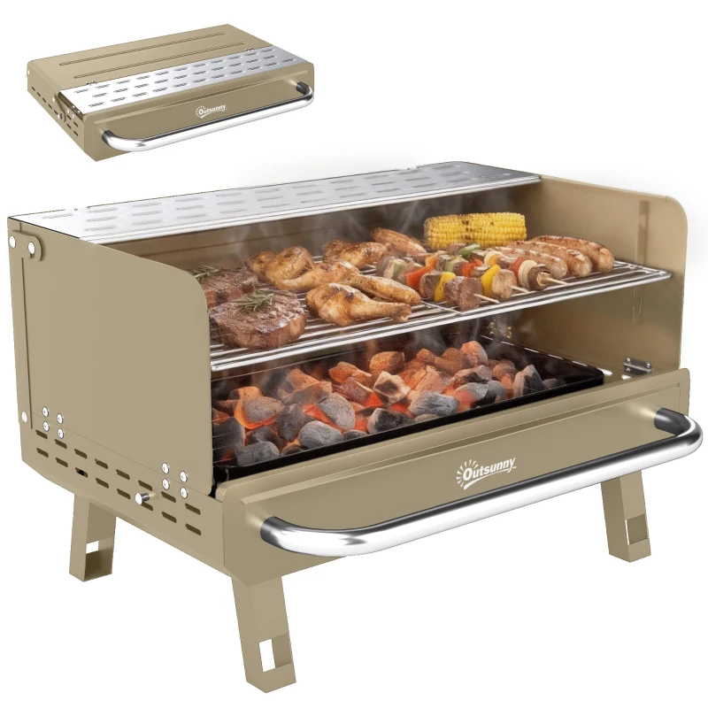 Outsunny Portable BBQ Grill, Charcoal Barbecue Grill with Adjustable Grates, Foldable Legs, Side Shelf for Camping Travel, Khaki