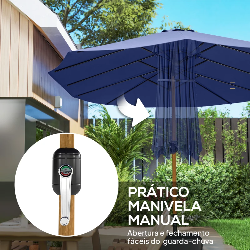 Outsunny Chapéu de Sol Duplo com 48 Luzes LED 459x266x235 cm Base Incluida Manivela Sacos de Areia Azul Escuro