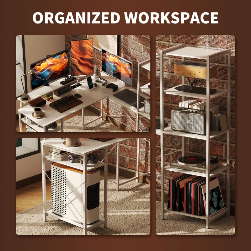 HOMCOM Biurko narożne w kształcie litery L z stacją ładowania, biurko komputerowe z podstawką na monitor i półkami, do biura domowego, biura, białe