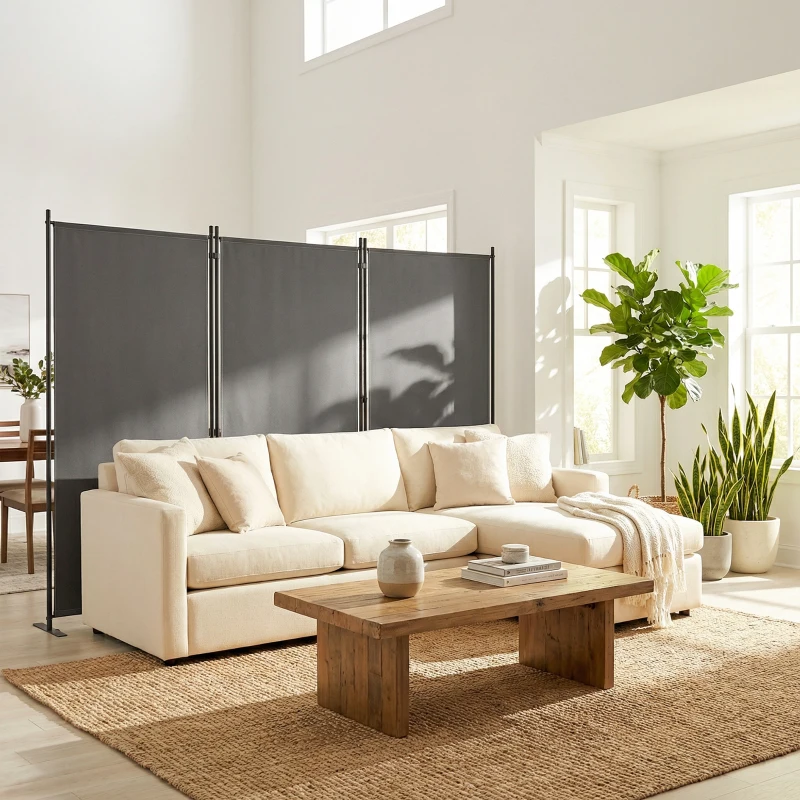 Outsunny 3-delige scheidingswand 260 x 30 cm Vrijstaand Paravent Privacy-scherm van Metaal, Outdoor Ruimtedeler Donkergrijs