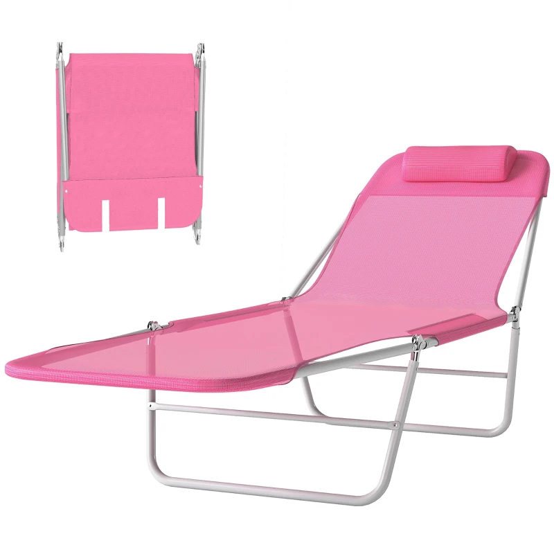Outsunny Folding Sun Lounger with Head Pillow - Pink