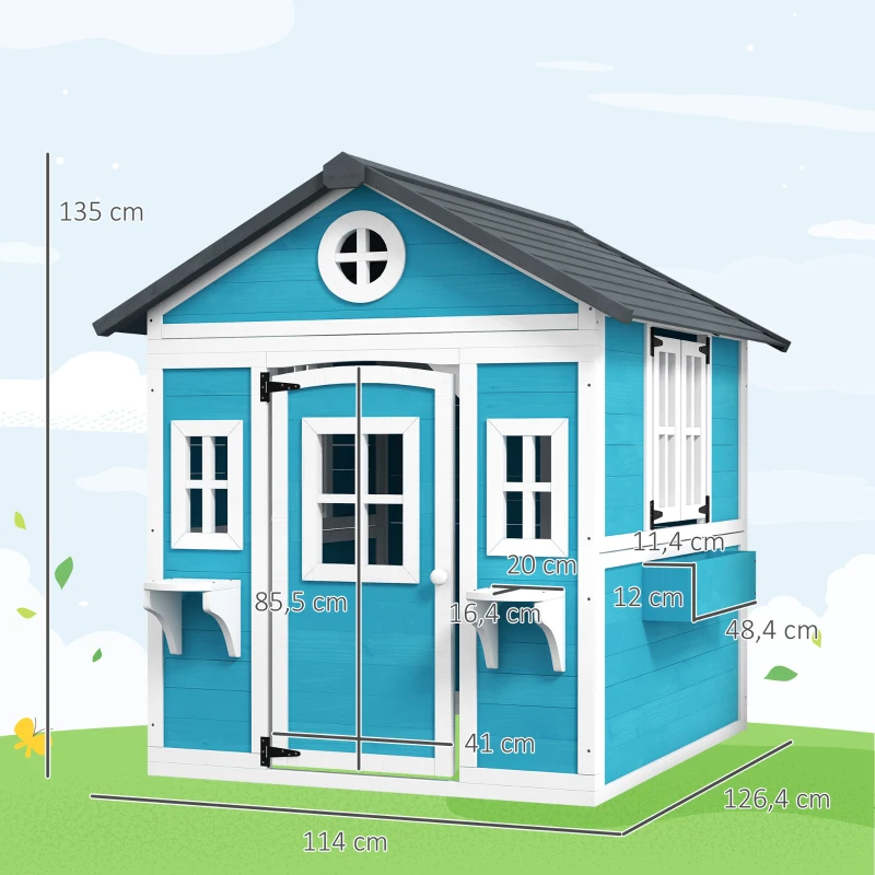 Outsunny Casita de Madera Infantil con Puerta Ventanas Jardineras y Repisas con Detalles de Color 114x126,4x135 cm Azul