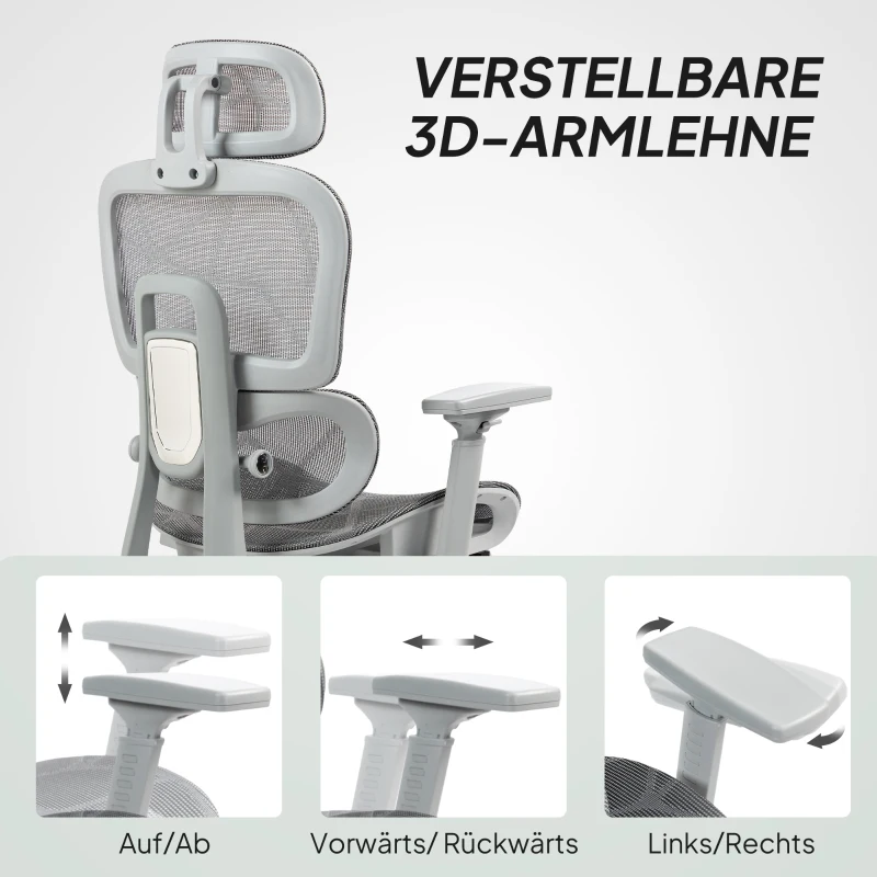 HOMCOM Bürostuhl, Ergonomischer Schreibtischstuhl mit Netzstoffbezug, verstellbar, rollbar, mit Armlehnen, Kopfstütze, Grau