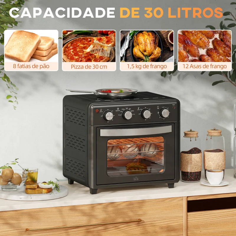 HOMCOM Mini Forno Elétrico 30L 1600W Mini Forno de Convecção com 7 Modos Temporizador e Temperatura Ajustável 43x39x39 cm Preto