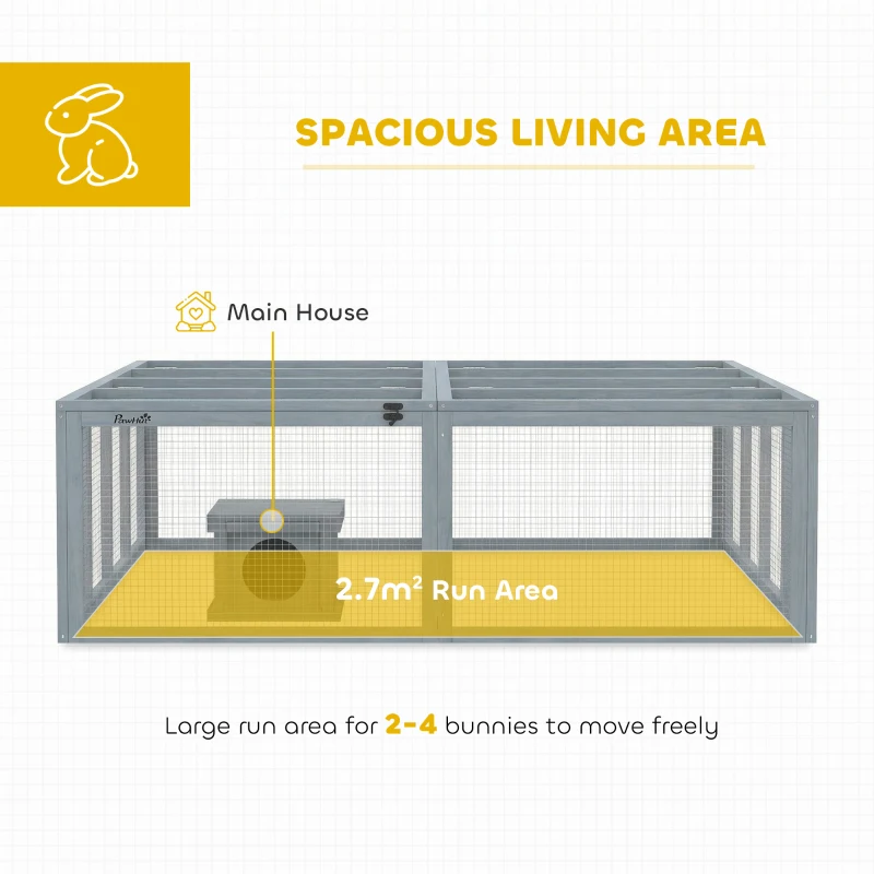 PawHut Konijnenhok met ren van hout en openklapbaar dak deuren schuilhuisje voor 2-4 dwergkonijnen 180,4 x 150 x 48 cm grijs