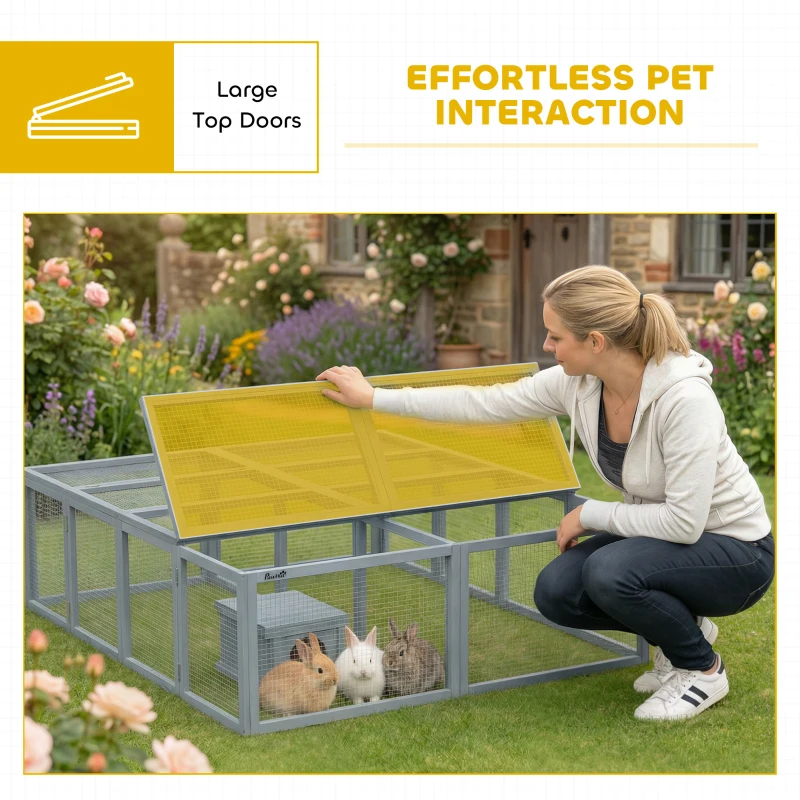 PawHut Konijnenhok met ren van hout en openklapbaar dak deuren schuilhuisje voor 2-4 dwergkonijnen 180,4 x 150 x 48 cm grijs