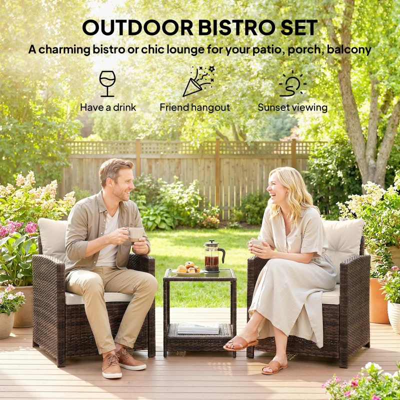 Outsunny Rattan Bistro Set, 3 Piece Garden Furniture Set with 2 Tier Glass Top Table and Cushions, Mixed Brown