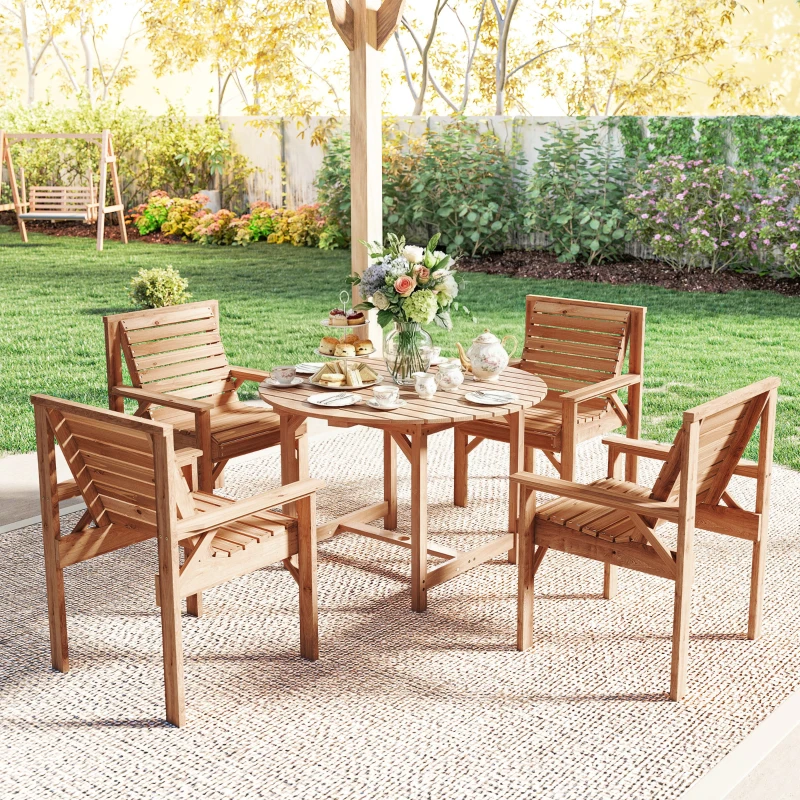 Outsunny Wooden Garden Furniture Set Seating Set Round Table with 4 Wide Chairs Umbrella Hole Slatted Look Natural Wood