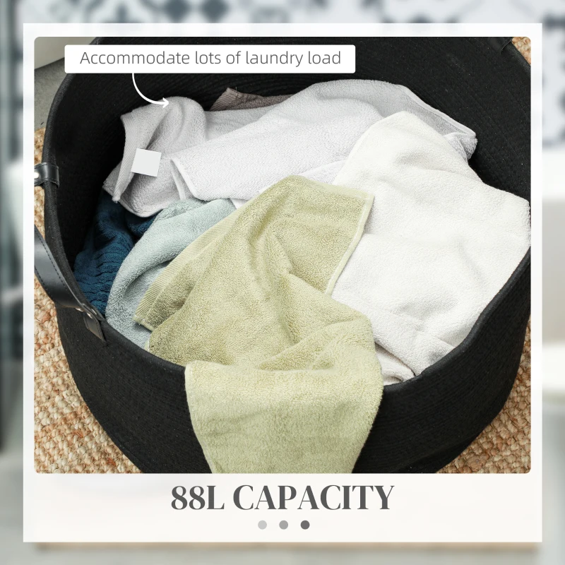 HOMCOM 88L Laundry Hamper, Cotton Rope Laundry Basket with Handles, Collapsible Washing Bin, 56 x 35.5cm, Black