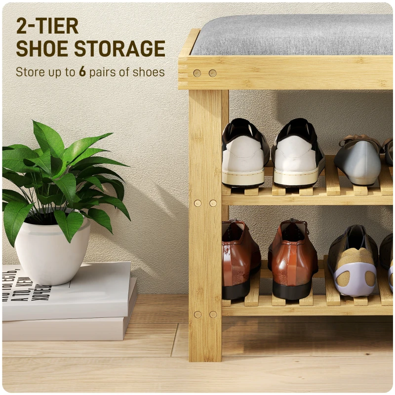 HOMCOM Ławka na buty z siedziskiem, bambusowa ławka z miejscem na obuwie, 2 otwarte półki, 60 x 29 x 49 cm, szara