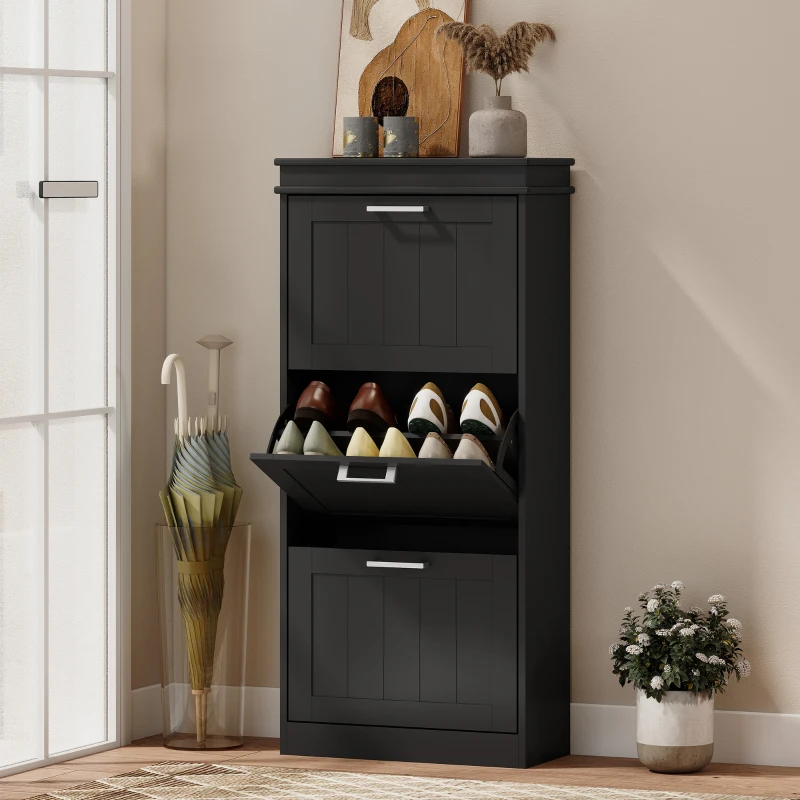 HOMCOM Scarpiera Moderna con 3 Cassetti Ribaltabili per 15 Paia di Scarpe e Ripiano Regolabile, 54x24x117.5cm, Nero