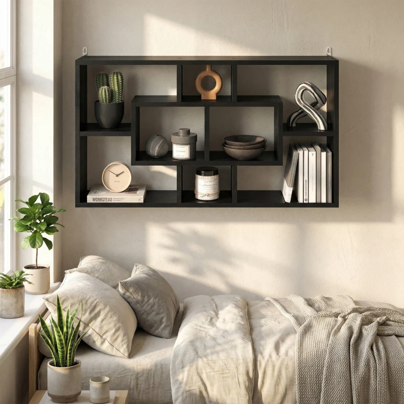 HOMCOM Estante de Pared Decorativo Estantería para Libro, CDs con 8 Cubos 85x14,5x47,5 cm Negro