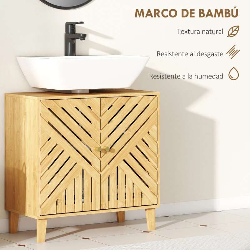 HOMCOM Mueble bajo Lavabo de Bambú con 2 Puertas Lamas y Estante Ajustable para Lavabo sin Pedestal 60x30x60 cm Natural