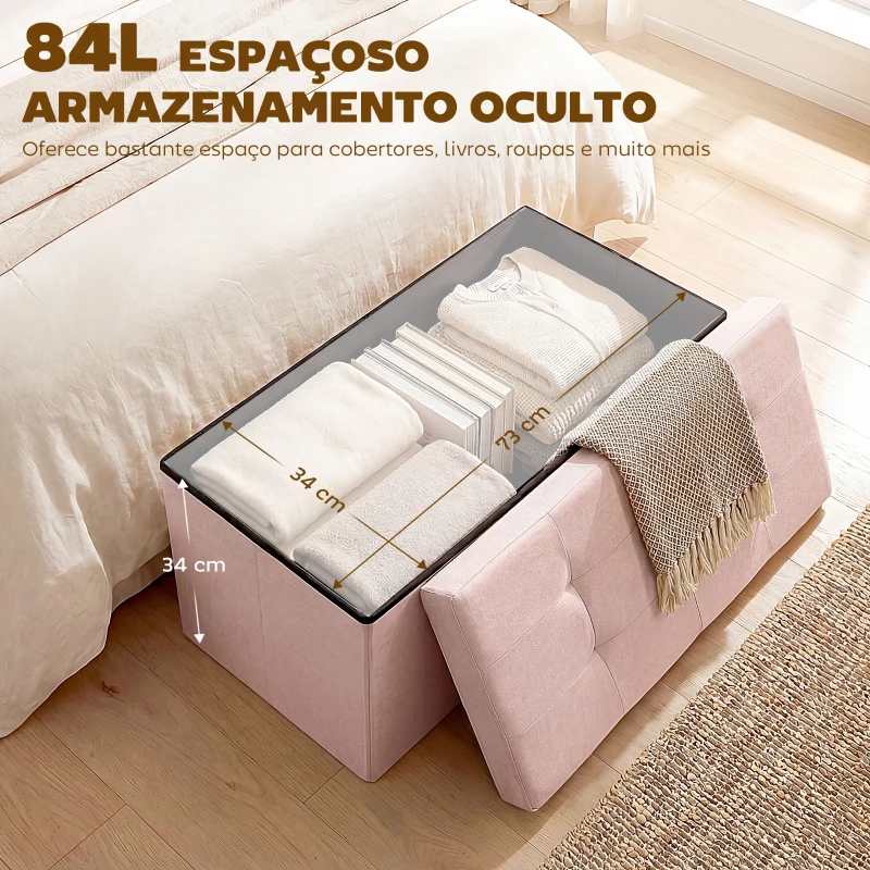 HOMCOM Puff de Arrumação Banco Dobrável 84 L 76x38x38 cm Estofado em Linho Sintético, Baú de Arrumação Rosa