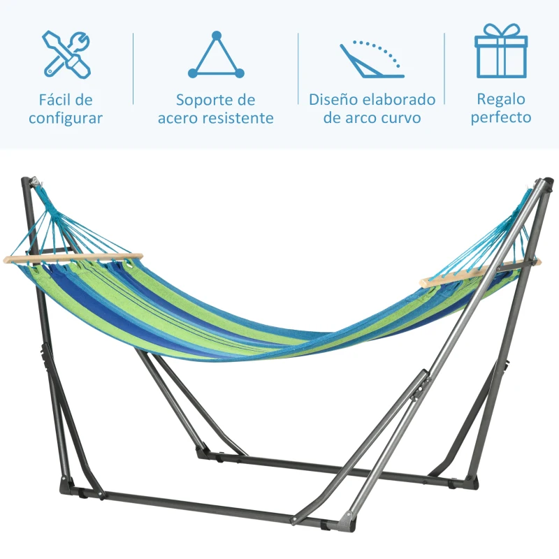 Outsunny Hamaca con Soporte Plegable 2 en 1 Tendedero con Barra Estructura de Acero para Jardín 270x100x94 cm Azul y Verde
