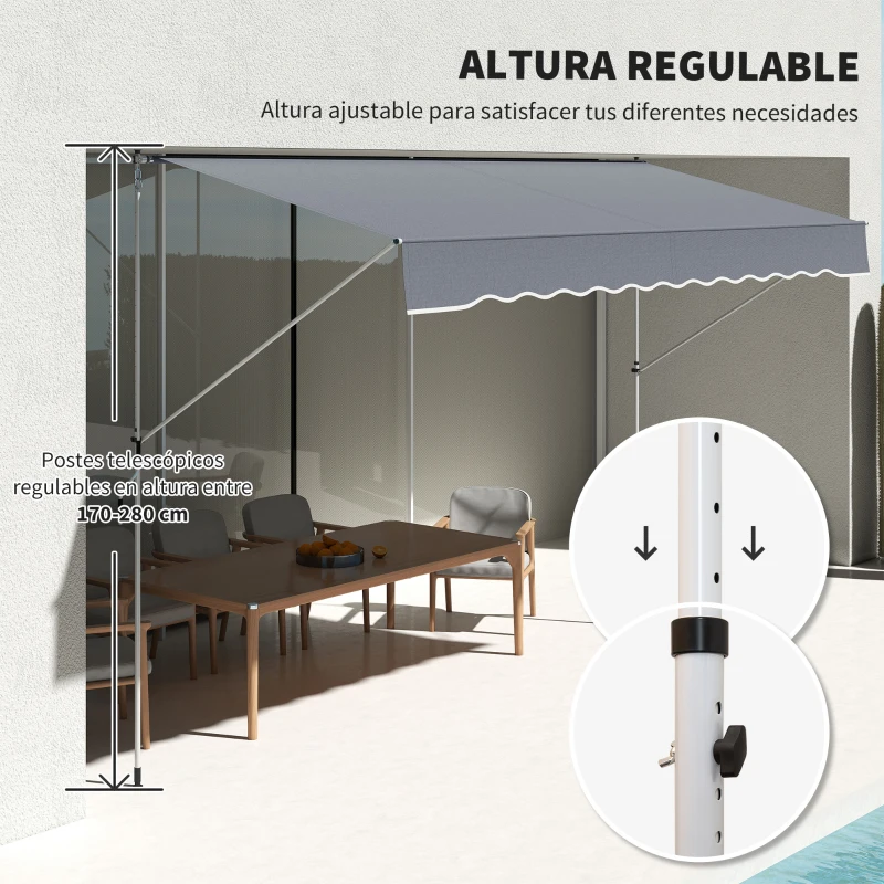 Outsunny Toldo Manual Retráctil 4x1,2 m Altura Ajustable 170-280 cm con Manivela Anti-UV e Impermeable Sin Taladro Gris Oscuro