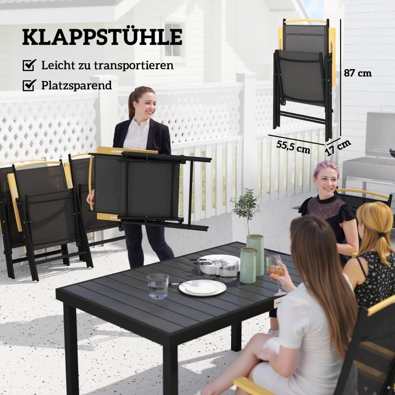 Outsunny opvouwbare zitgroep 7 stuks. Balkonset balkonmeubel 1 tafel + 6 stoelen tuinmeubelset zitset aluminium gaas zwart