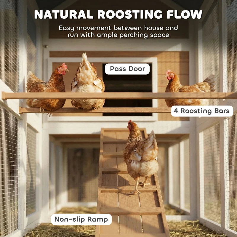 PawHut Pollaio in legno con recinto, nido, rampa e vassoio estraibile per 4 galline, 200x104x145 cm, Marrone