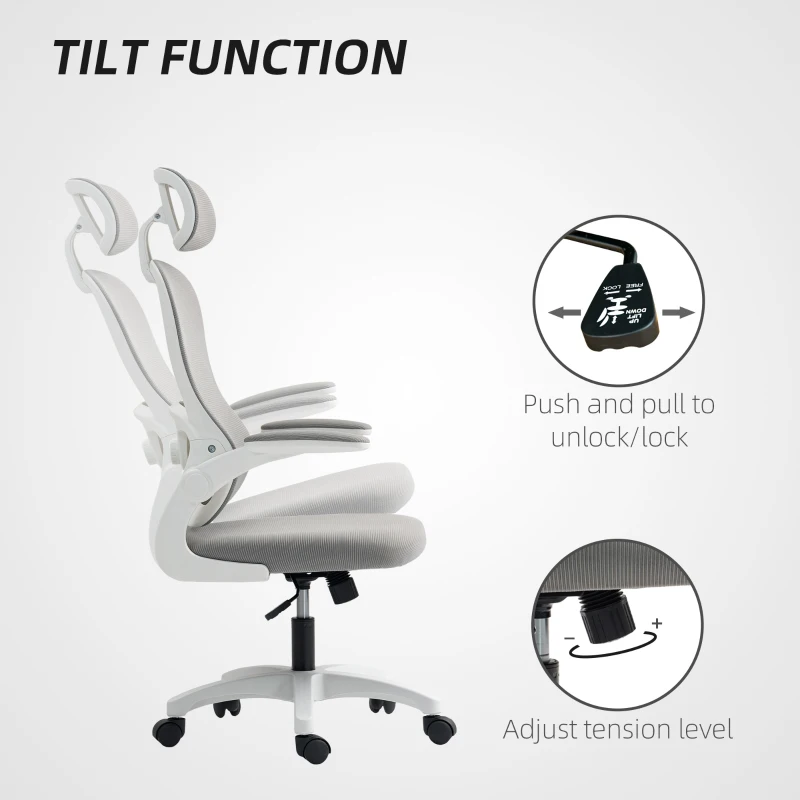 HOMCOM Ergonomiczny fotel biurowy z siateczkowym oparciem, regulowany, z podnoszonymi podłokietnikami, 5 kółek, funkcja przechylania, plastik, szary