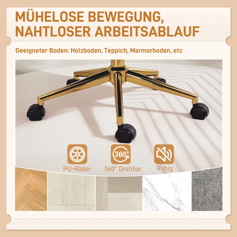 HOMCOM Rollbarer Schreibtischstuhl mit Bezug in Samtoptik, höhenverstellbarer Bürostuhl, Kippfunktion, Cremeweiß