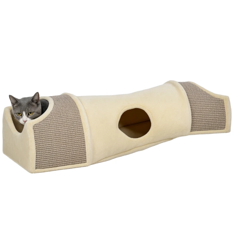 PawHut Cat Play Tunnel with 2 Condos, Hide and Seek Pet Toys for Indoor Kittens with Multiple Entrances, Sisal Material, Beige