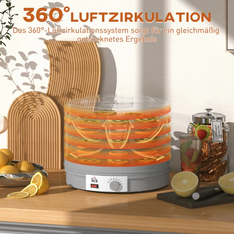 HOMCOM 5-laags voedseldehydrator, 245W droogoven met instelbare temperatuurregeling, Grijs