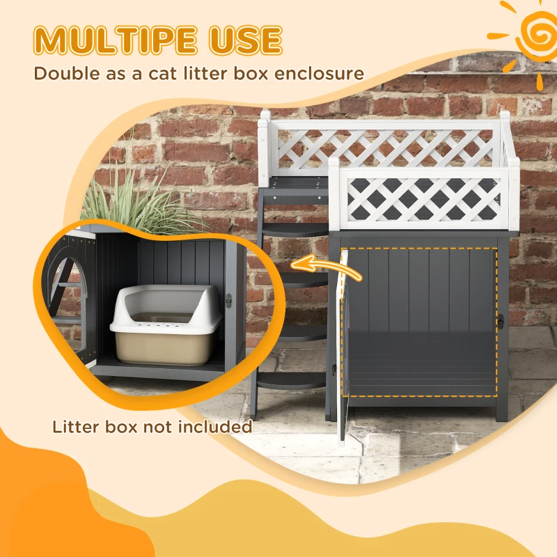 PawHut Wooden Cat House, Two-Floor Cat Shelter with Balcony, Stairs, Indoor Outdoor Small Pet Condo for Rabbits, Cats, Grey