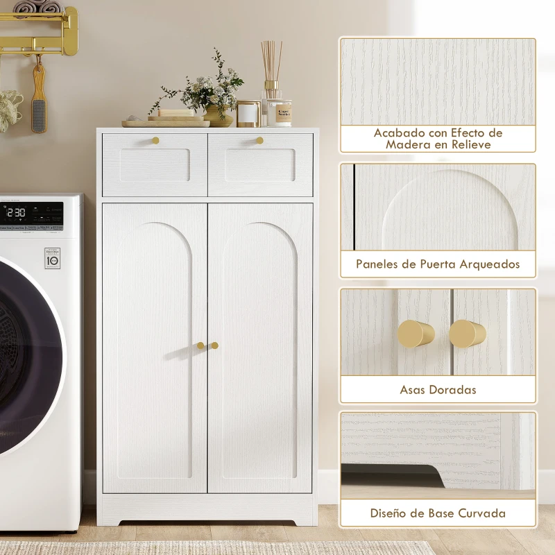 HOMCOM Armario de Baño Estrecho con 2 Cajones Estante Abierto y Puerta con Panel Arqueado 60x30x108 cm Blanco Veteado