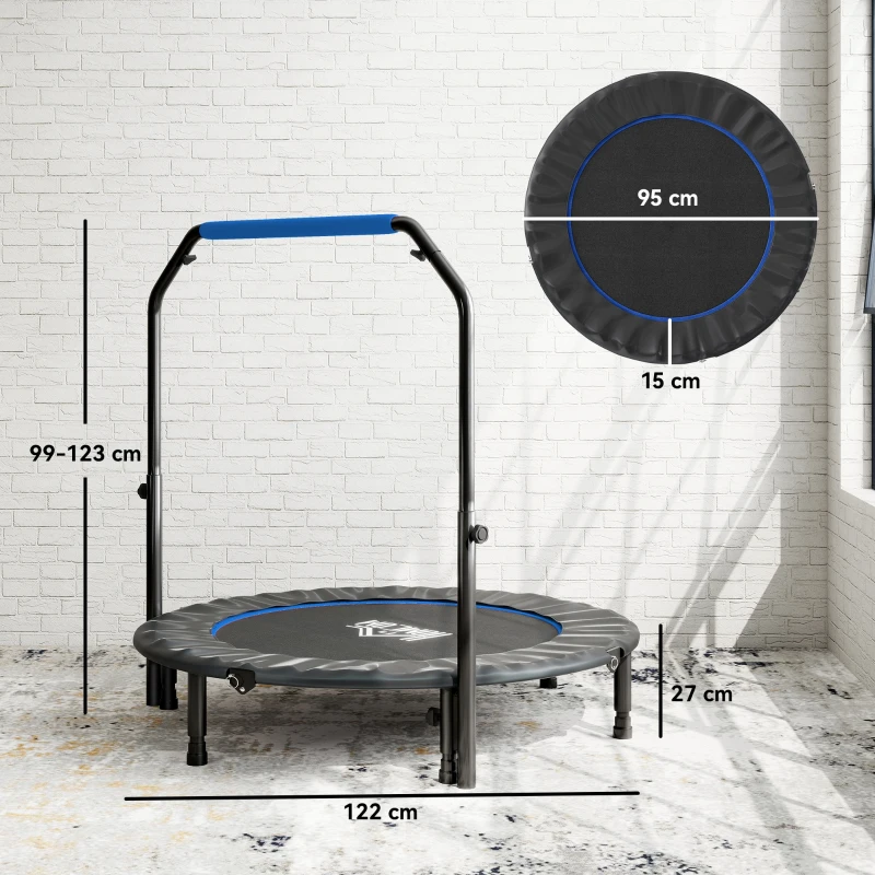HOMCOM Trampolín de Fitness Adultos Ø122 cm, Cama Elástica Plegable con Mango Ajustable de 4 Niveles Negro y Azul