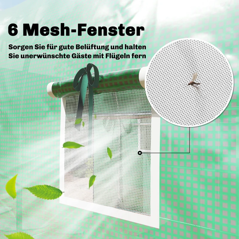 Outsunny Gewächshaus 3 x 2 x 2 m Foliengewächshaus mit Rollbar 2 Reißverschlusstür & 6 Netzfenster Stützstangen Grün