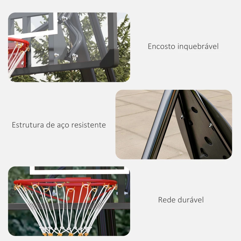 SPORTNOW Cesta de Basquetebol Ajustável 236-293 cm com Rodas Painel de PC Base Recarregável para Exterior Preto