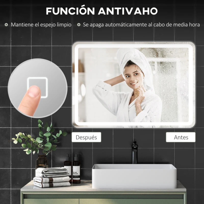 HOMCOM Espejo de Baño con Luces LED 70x100 cm 3 Colores de Luz Brillo Regulable Función Antivaho Función de Memoria IP44