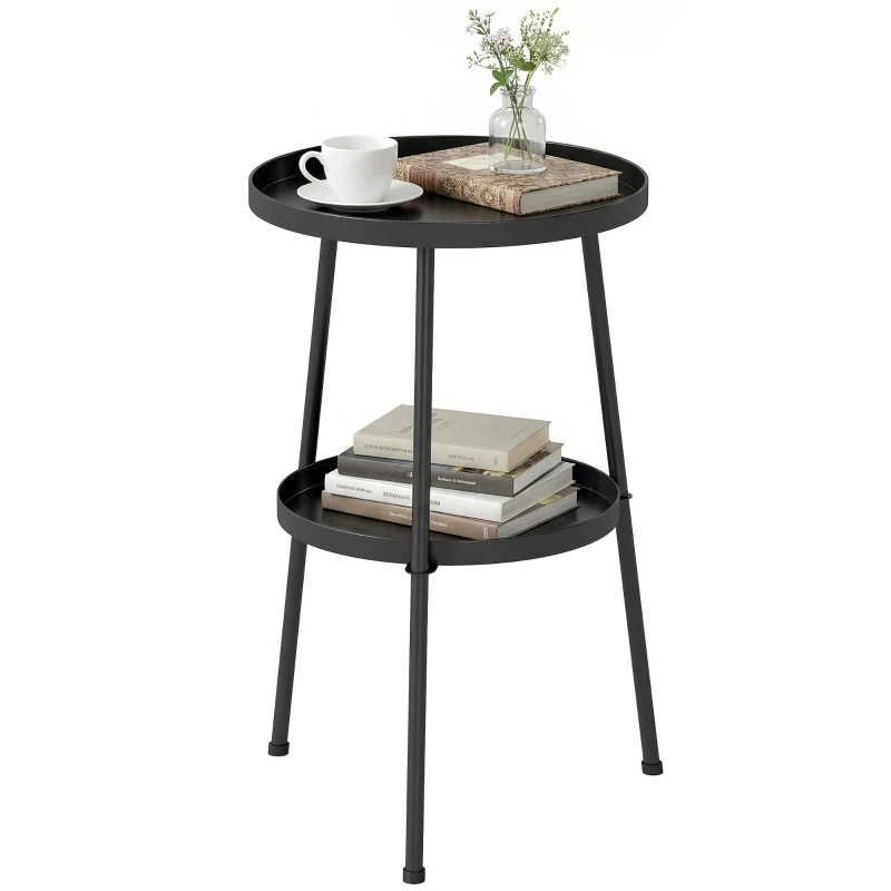 Outsunny Patio Side Table, 2-Tier Round Coffee End Table for Garden Balcony Living Room Bedroom, Black