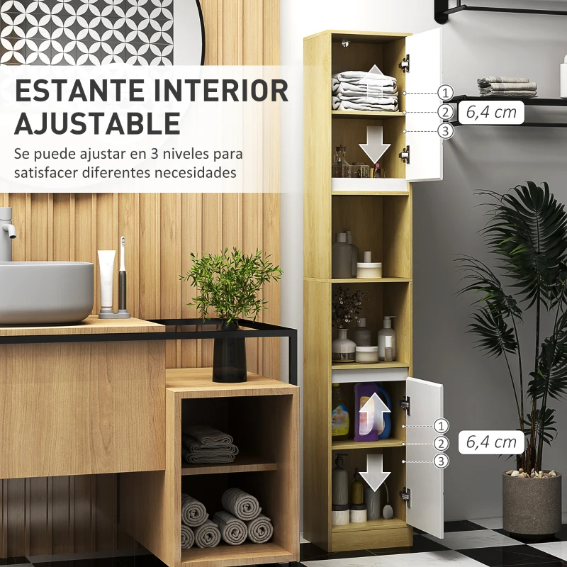 HOMCOM Columna de Baño Estrecha con 2 Puertas y 2 Estantes Abiertos, para Espacios Pequeños, 30x24x170 cm, Roble y Blanco