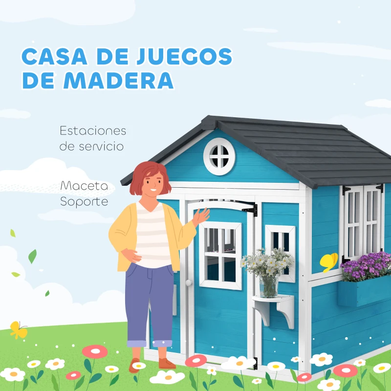 Outsunny Casita de Madera Infantil con Puerta Ventanas Jardineras y Repisas con Detalles de Color 114x126,4x135 cm Azul